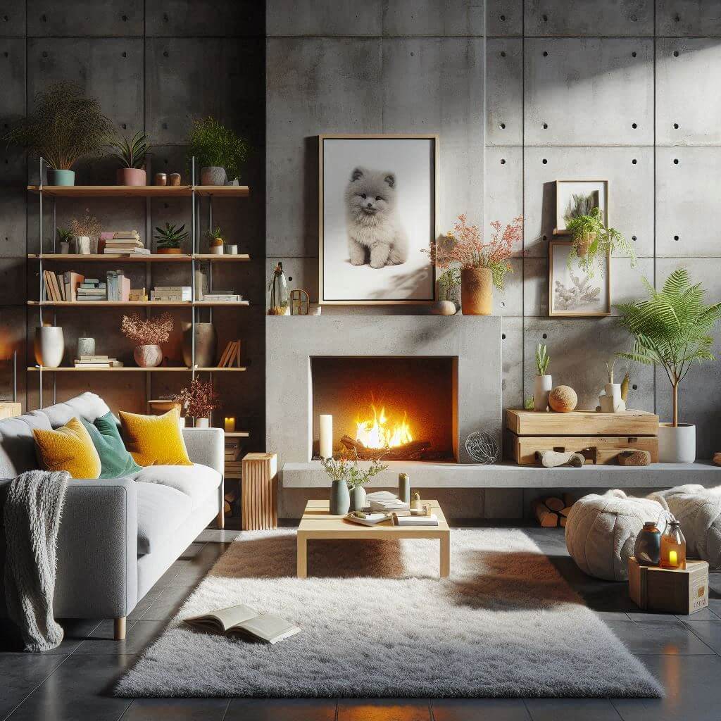 Betonowy kominek w salonie